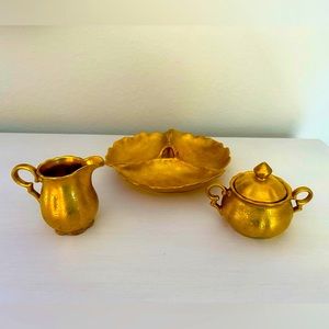 Vintage 22kt gold hand painted Osborne candy dish, creamer, sugar bowl with lid